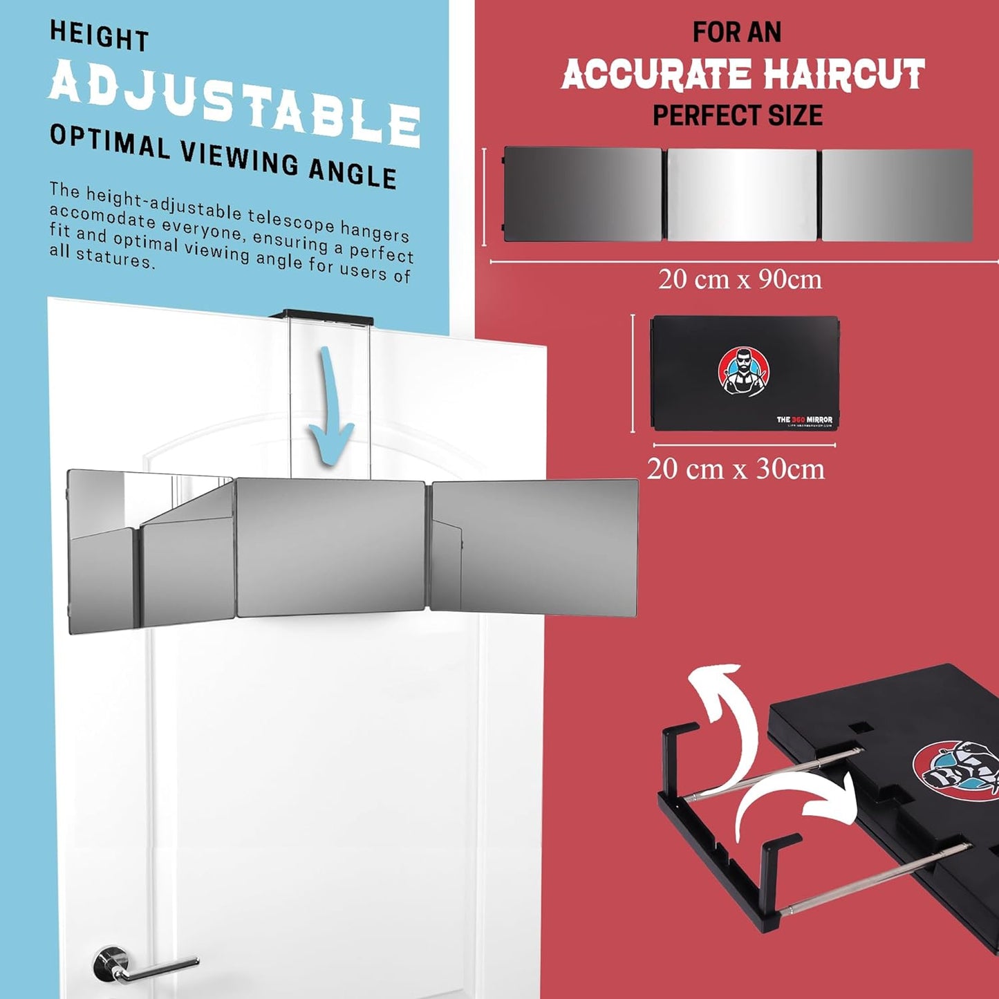 The 360 Mirror - 3 Way Adjustable Trifold Barber Mirror for Self Hair Cutting - Tri Fold Self Haircut System for Men and Women Braiding