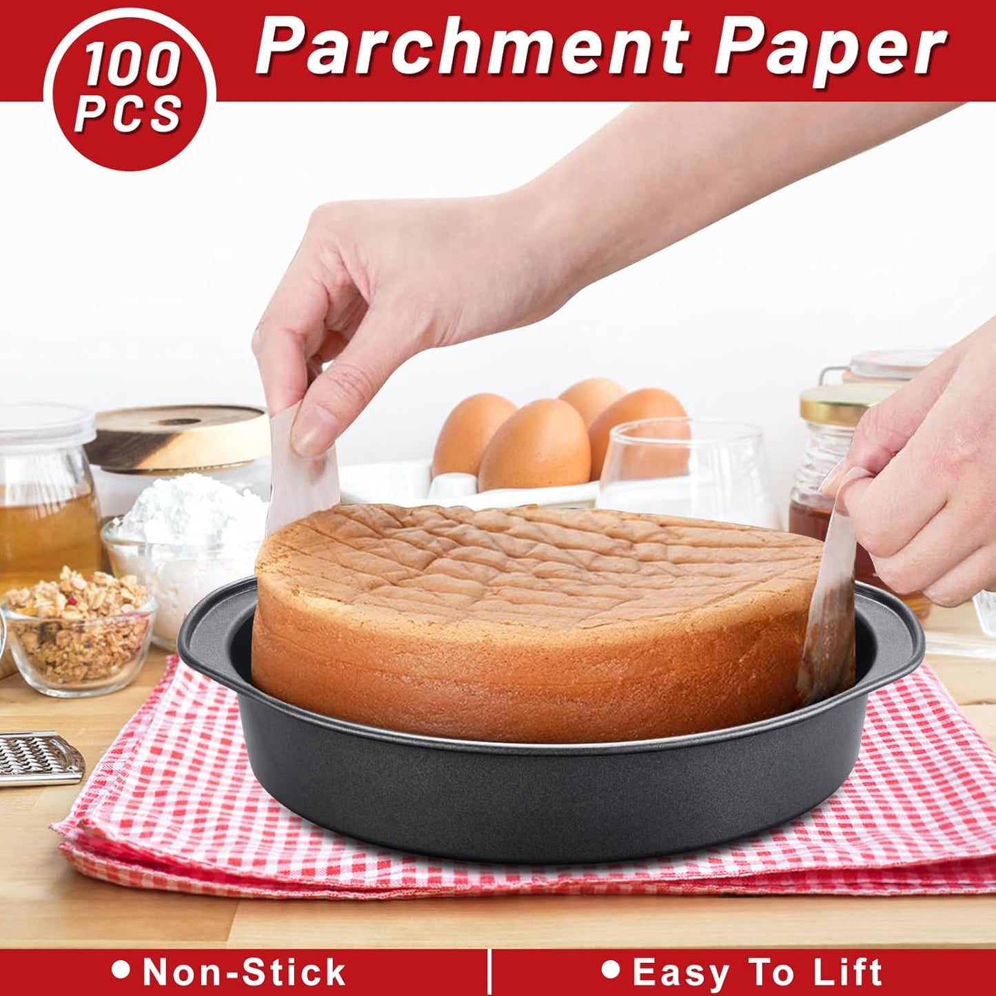 Unokit Round Cake Pan - 3 PCS 8 Inch Carbon Steel Cake Baking Pans with 100 PCS Parchment Paper, Nonstick Cake Pans with Handle, Dishwasher Safe