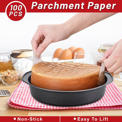 Unokit Round Cake Pan - 3 PCS 8 Inch Carbon Steel Cake Baking Pans with 100 PCS Parchment Paper, Nonstick Cake Pans with Handle, Dishwasher Safe
