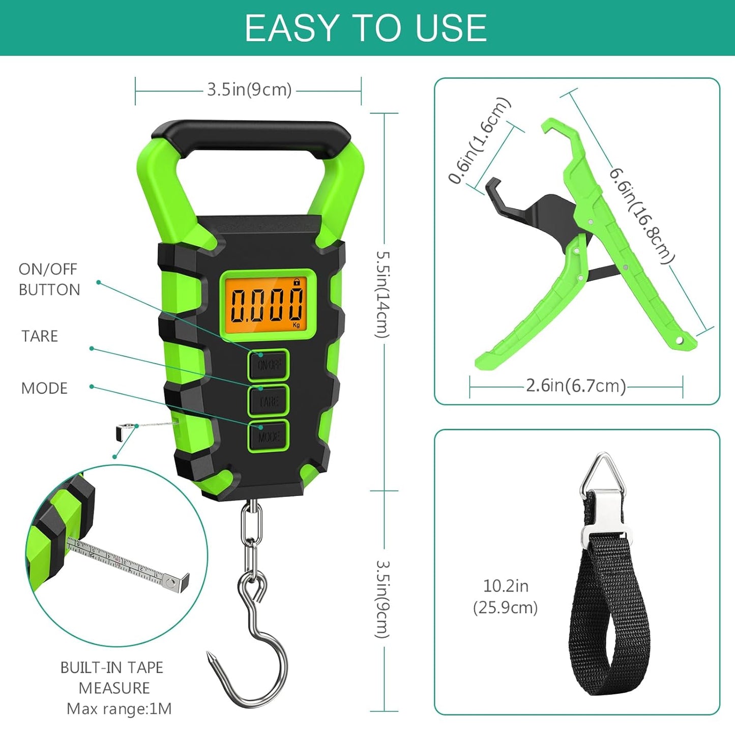 ORIA Fish Scale Digital, Fishing Scale, Fish Scale with Ruler and Fish Gripper, 110lb/50kg Baggage Weighing Scale, Backlit LCD Display (Orange)