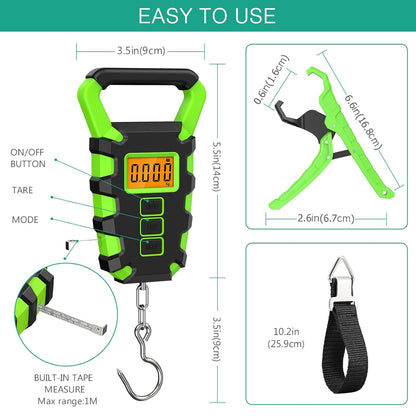 ORIA Fish Scale Digital, Fishing Scale, Fish Scale with Ruler and Fish Gripper, 110lb/50kg Baggage Weighing Scale, Backlit LCD Display (Orange)