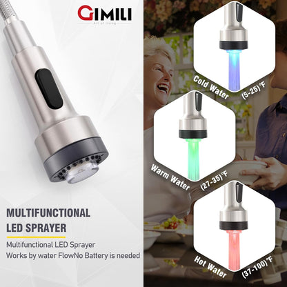 GIMILI Matte Black Kitchen Faucet with LED Light,Single Hole Spring Kitchen Sink Faucet with Pull Down Sprayer