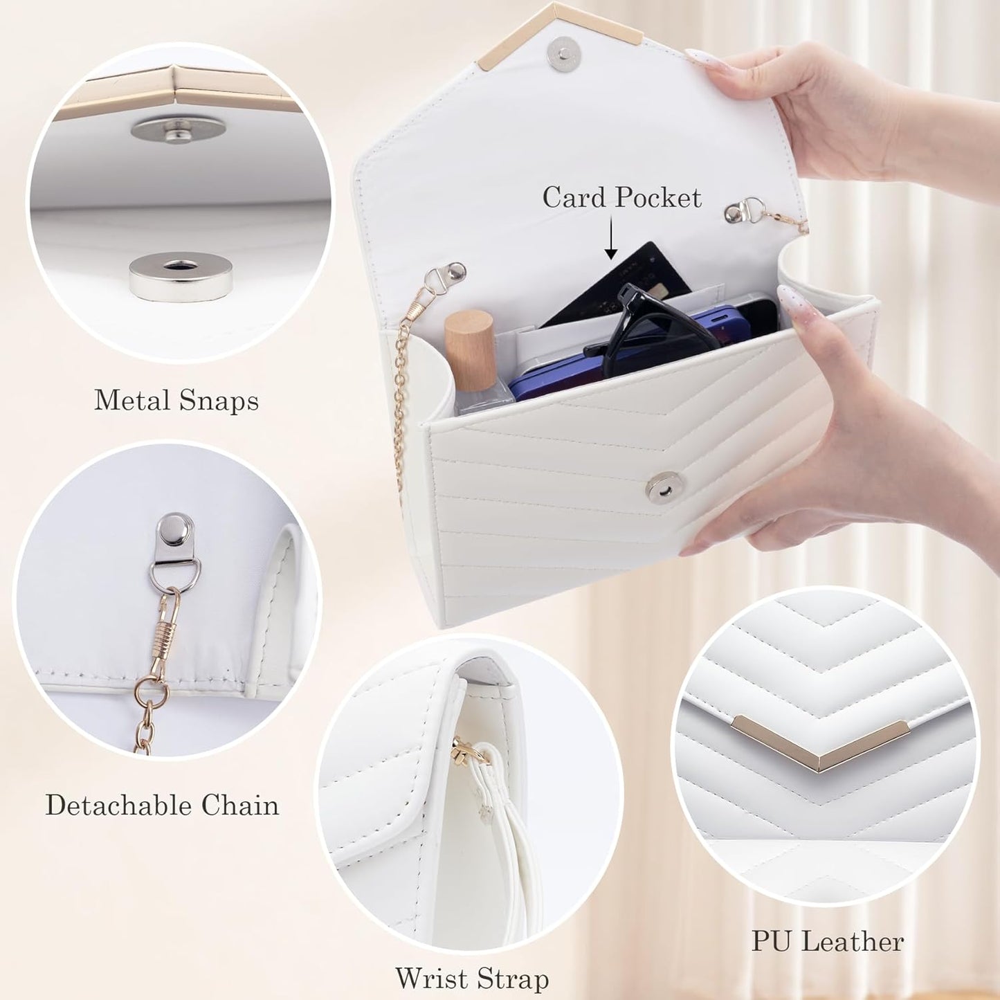 Larcenciel White Quilted Evening Clutch Bag, Elegant Envelope Vegan Leather Crossbody Purse for Women, Detachable Chain & Wristlet Strap, Formal Wedding Guest Bridal Prom Cocktail Party Handbag Wallet - PuriLite