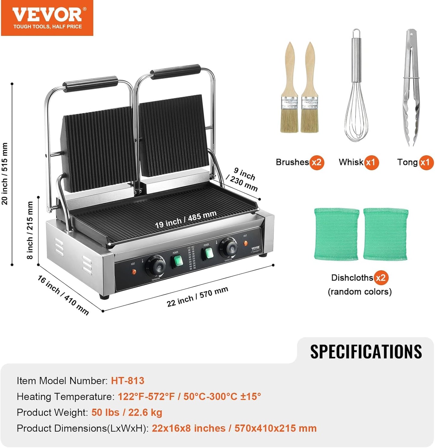 VEVOR 7 IN 1 Electric Contact Grill,1800W Indoor Panini Press Griddle,Stainless Steel Teppanyaki Grill with Nonstick&Removable Iron Plate, 0-446℉ Adjustable Temp Control,LCD Display,110V