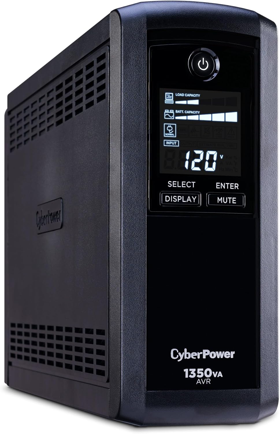 CyberPower CP1500AVRLCD3 Intelligent LCD UPS System, 1500VA/900W, 12 Outlets, 2 USB Ports, AVR, Mini Tower, Black