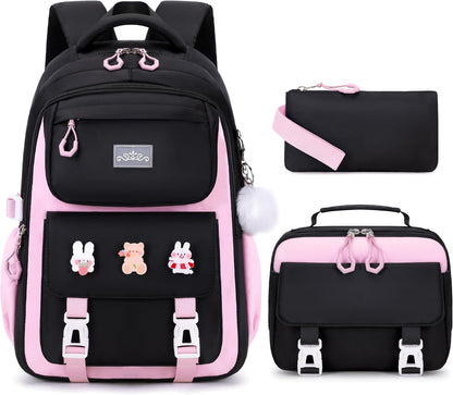 DIGOBAY Girls Backpack, School Backpack for Girls with Lunch Box Pencil Case Set for Teen Kids Girl Elementary Primary Middle High College School Bookbag with Cute Pins Pink