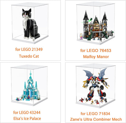 Thickened Clear Acrylic Display Case for Lego 10330 43268 76450 42170 10295 10353 Collectibles, Transparent Box Dustproof Protection with Wood-Plastic Base & String Light, Black Inside 40x20x20cm