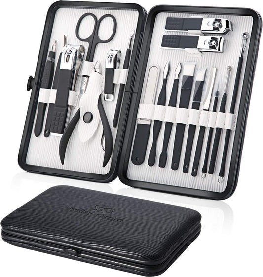 Keiby Citom Professional Stainless Steel Nail Clipper Travel & Grooming Kit Nail Tools Manicure & Pedicure Set of 18pcs with Luxurious Case (Black)