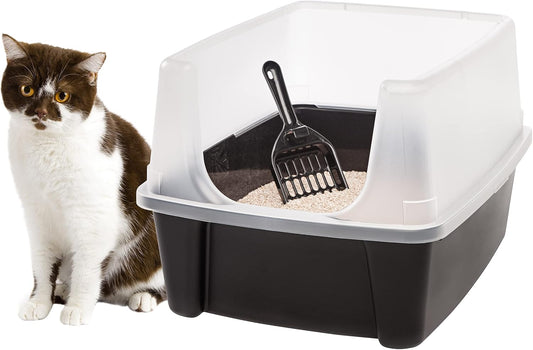 IRIS USA Large Cat Litter Box with Scoop, Open Top Cat Litter Pan, Black