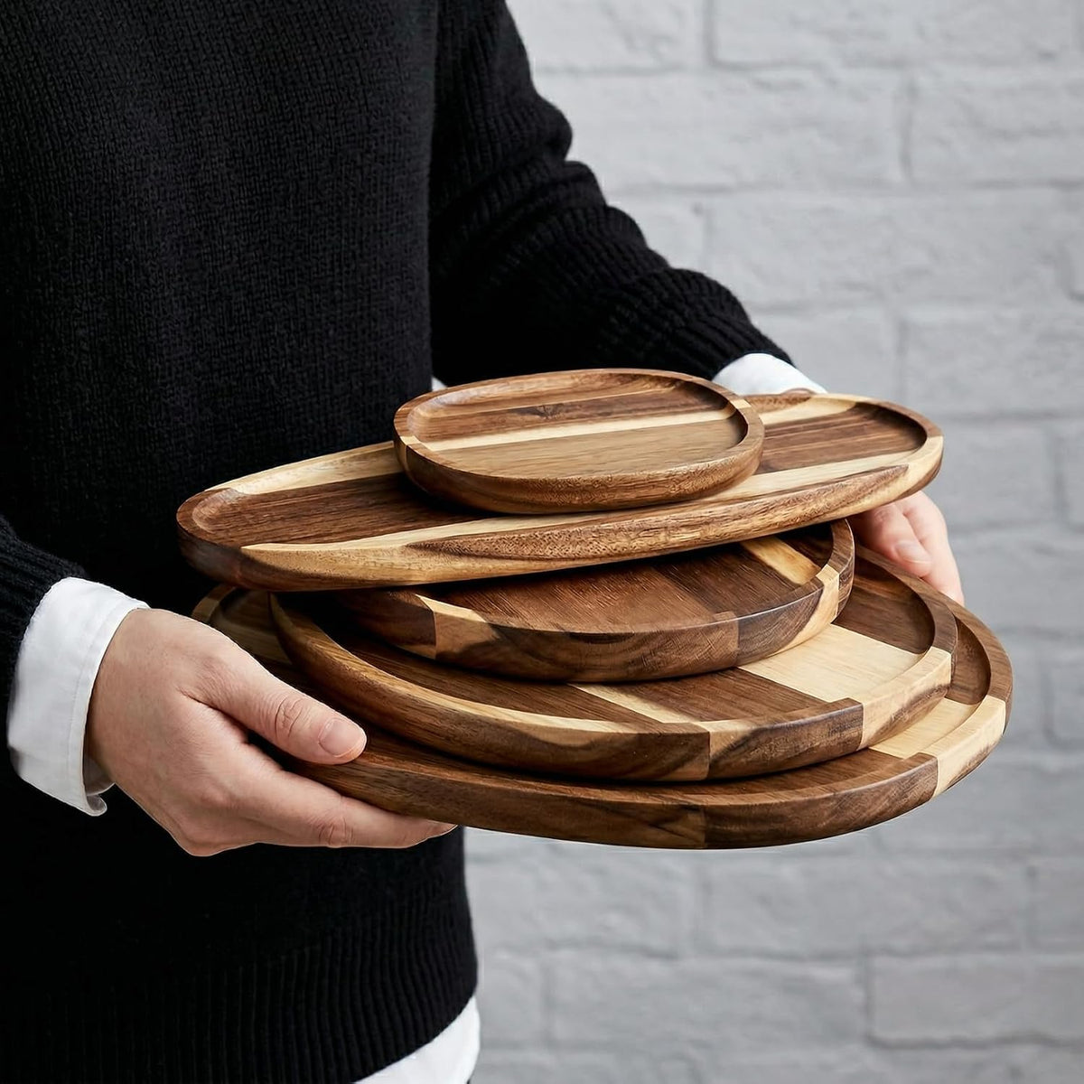 Okllen 5 Pcs Acacia Wood Serving Trays, Irregular Oval Wood Platters (6.3-11.7" L, 5.1-8.2" W), Natural Charcuterie Board for Cheese & Fruit, Rustic Home Decor, Housewarming Gift