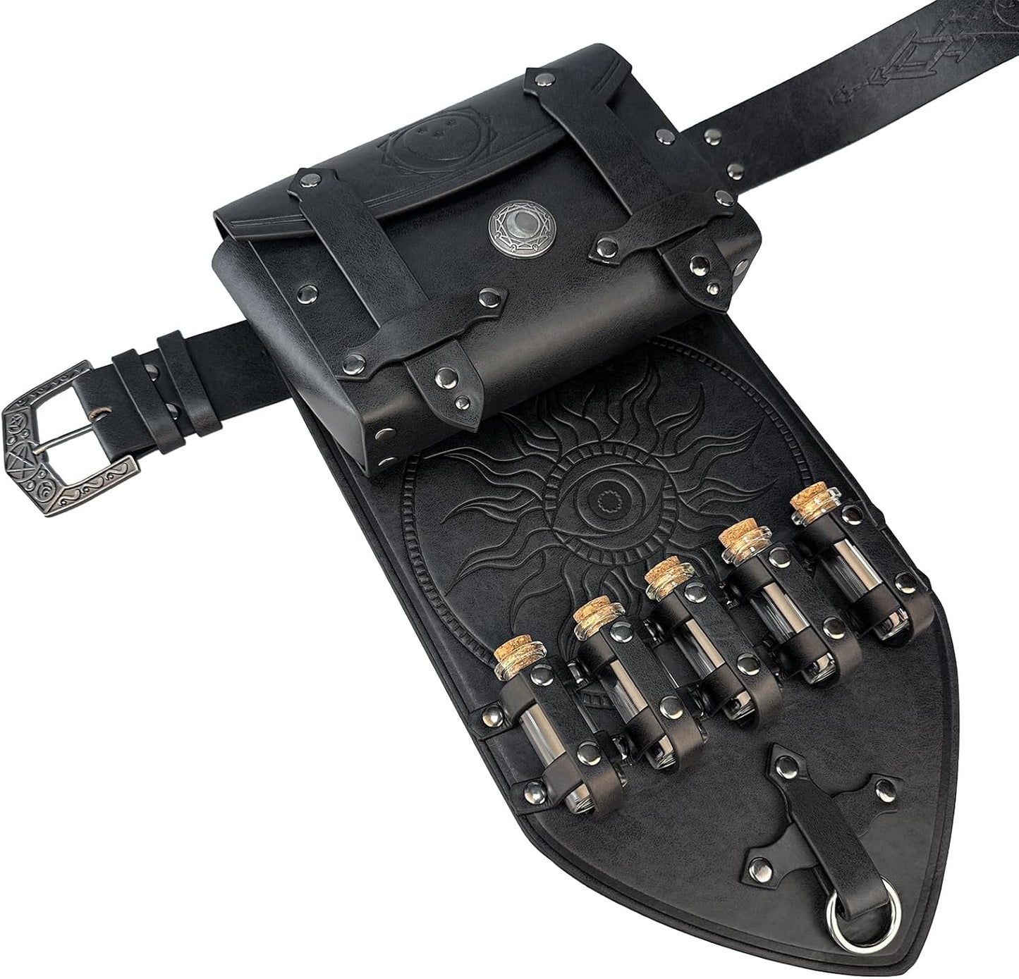 HiiFeuer 3PCs Medieval Alchemy Faux Leather Belt Bag Set with 5 Cork Potion Vials, Fantasy Embossed Wizard Halloween Belt(Black A)