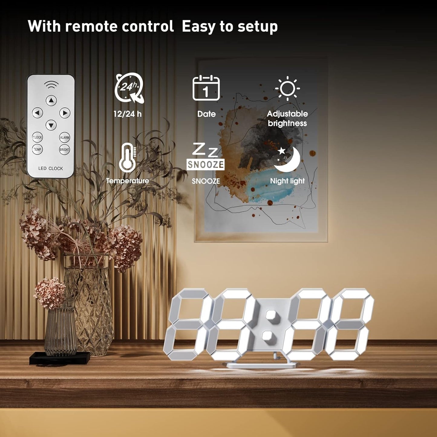 EDUP HOME 3D LED Wall Clock Desk Alarm Clock 7 Colors 9.7" with Remote Control, Digital Alarm Clock Adjustable Brightness Timer 12/24 Hr Time/Date/Temperature for Kid Bedroom/Kitchen/Office