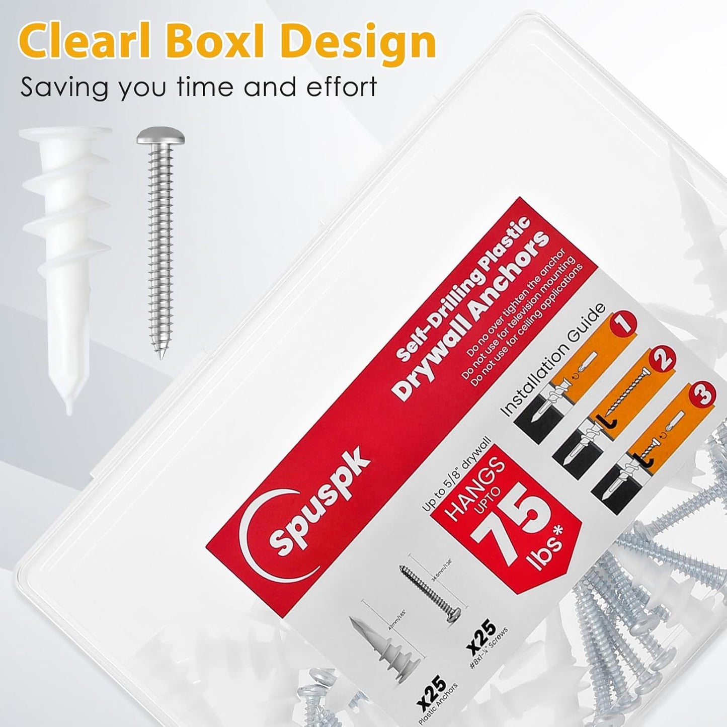 Spuspk #8 Self Drilling Drywall Anchors,120Pcs Wall Anchors and Screws for Drywall, 60 Self-Tapping/Threaded Plastic Sheetrock Anchors + 60#8 x 1-1/4'' Screws, 75LB Hanging and Mounting