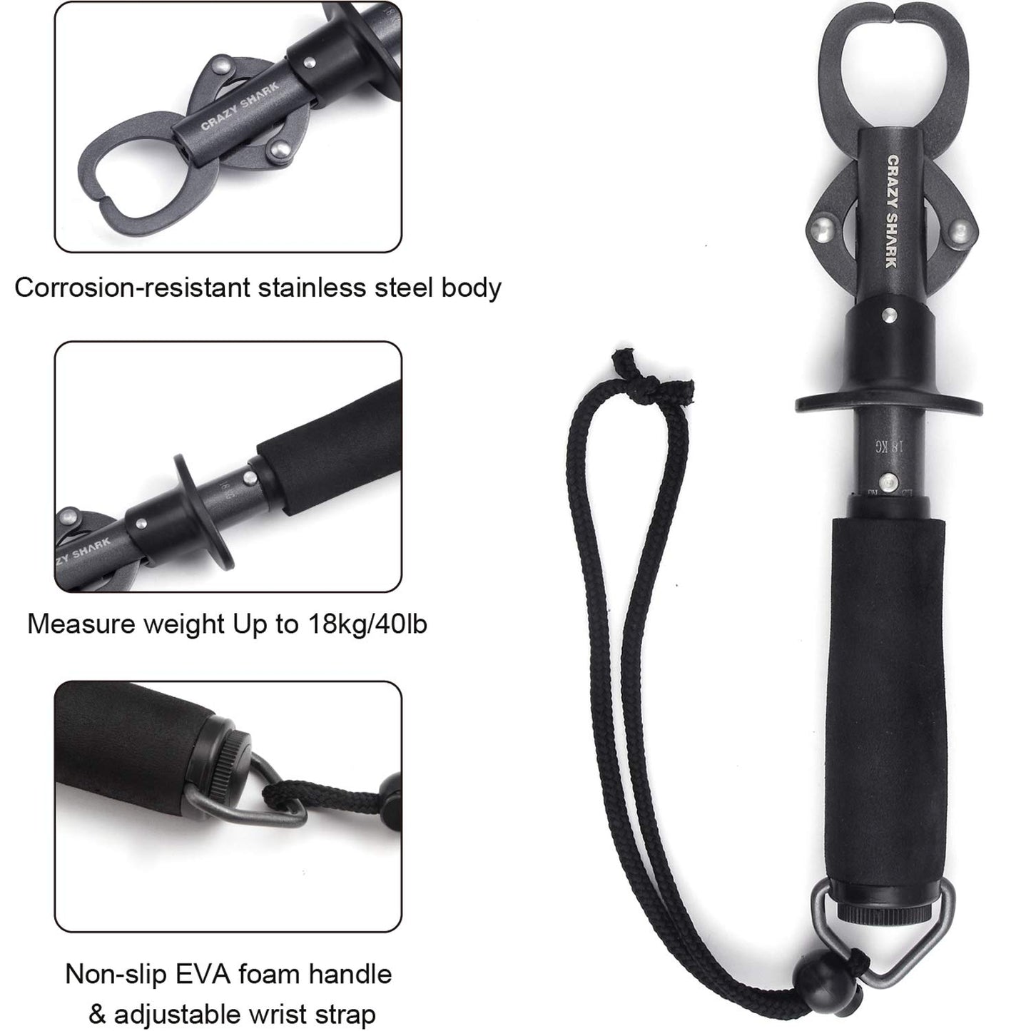 Crazy Shark Portable Stainless Steel Fish Lip Grabber Gripper Grip Tool Fish Holder Tackle EVA Handle 40lbs (Dark Gray)