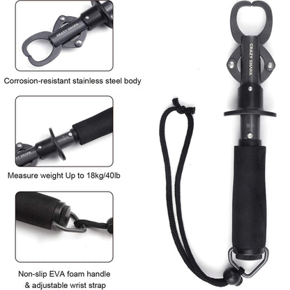 Crazy Shark Portable Stainless Steel Fish Lip Grabber Gripper Grip Tool Fish Holder Tackle EVA Handle 40lbs (Dark Gray)