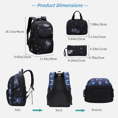 Boys Backpacks Primary Junior High School Bag Kids Bookbag with Lunch Bag 3 in 1 Casual Daypack Set Space Galaxy Durable Knapsack