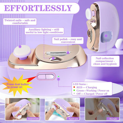 3-in-1 Electric Nail Clippers, Upgrade Electric Nail Clippers for Seniors, Electric Polishing Nail Clippers with Collector, Excellent Electric Nail Trimmer Gift for Your Loves (Lavender-Purple)