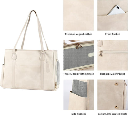 Monanller Stylish Dog Purse Carrier, Leather Pet Carrier Bag for Small Dogs Cats Puppy, Airline Approved Soft-Sided Carrier Beige