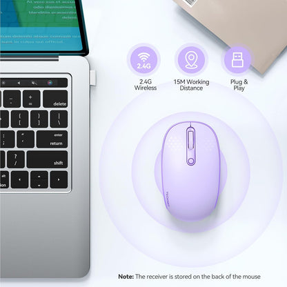 TECKNET 2.4GHz Wireless Quiet Mouse – Portable Ergonomic Optical USB Mouse 4-Button with Adjustable 800/1200/1600 DPI for Laptop, Chromebook, PC, Mac – Purple - PuriLite