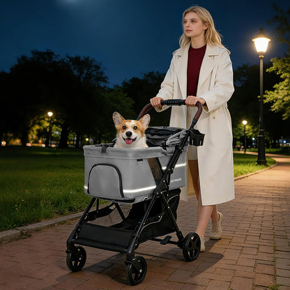 Pet Stroller for Small Medium Dogs Cats with 4 Wheels Grey | NO-ZIP Dog Cat Stroller, Max Load 45 lbs, Easy Folding, Compact Portable