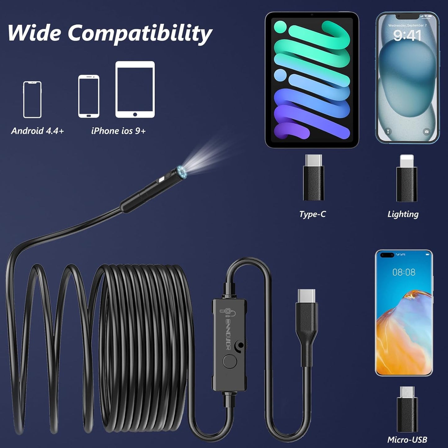Endoscope Camera with Light, Ennovor 1920P HD, Endoscope Inspection with 8 Adjustable LED Lights, Borescope with Flexible Rigid Snake Camera, IP67 Waterproof and No WiFi Required, for Android iOS