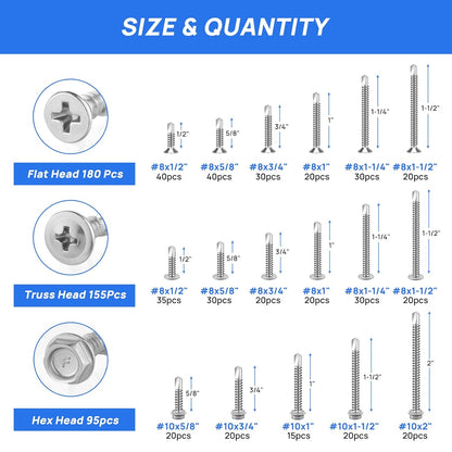 Besitu 400PCS Self Tapping Screws, 410 Stainless Steel Self Drilling Screws #8#10 Black Oxide Sheet Metal Screws, Length 1/2" to 1-1/4'', Truss Head Wood Screws Assortment for Metal, Plastic and RV