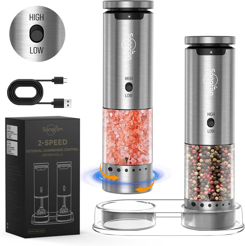Sangcon 2-Speed Rechargeable Electric Salt and Pepper Grinder Set, 6 External Adjustable Coarseness Levels, Automatic Salt & Pepper Mill Shakers Set with Storage Base, One-Handed Operation, Silver