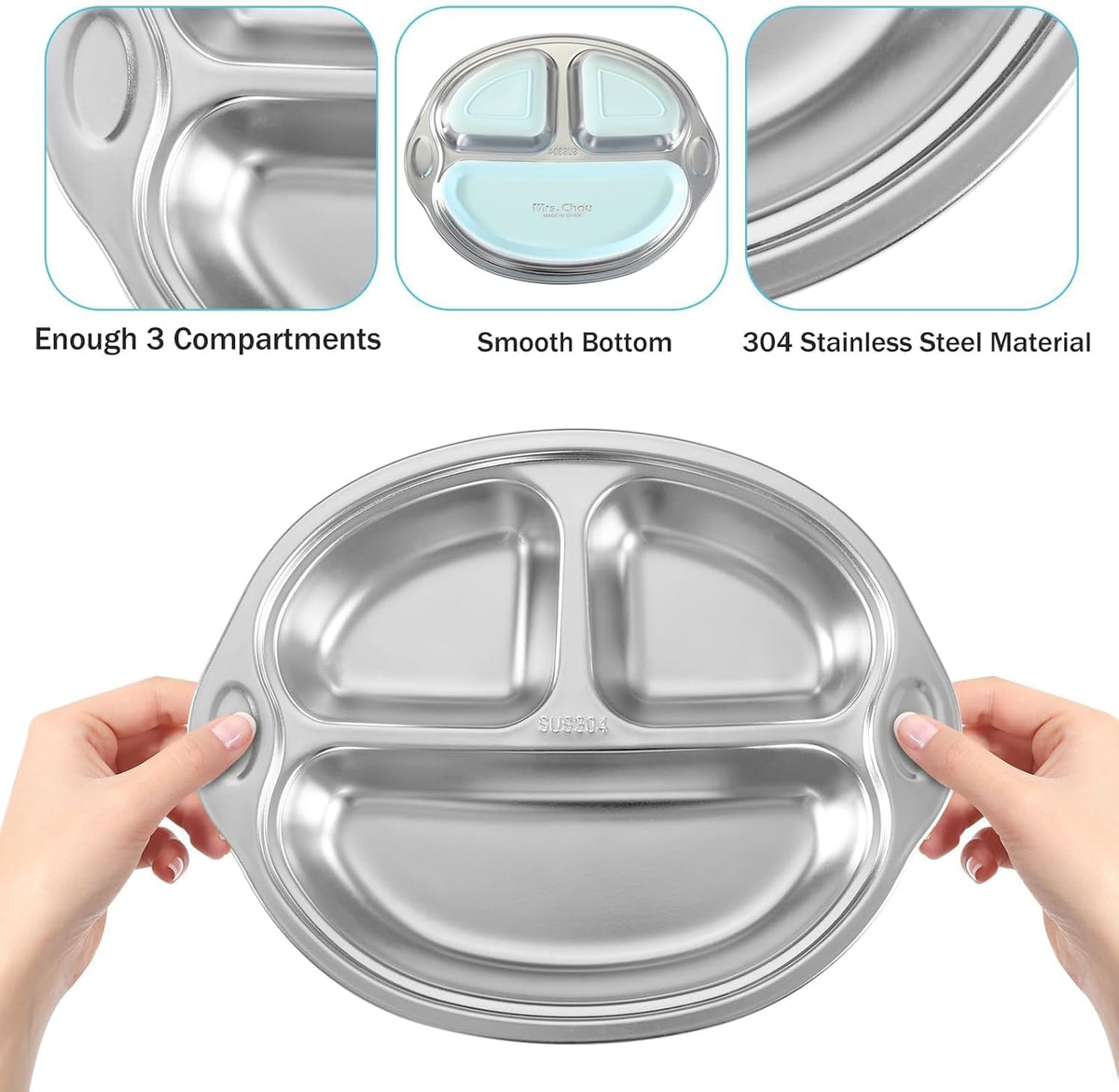 BPA-Free 100% Food-Grade Stainless Steel Baby Plates with Suction Divided Designed for Babies and Toddlers, Ideal for Kids Infant Baby-Led Weaning Toddler Feeding Supplies Dishwasher Safe