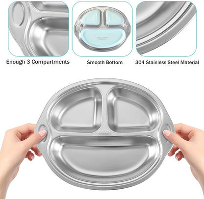BPA-Free 100% Food-Grade Stainless Steel Baby Plates with Suction Divided Designed for Babies and Toddlers, Ideal for Kids Infant Baby-Led Weaning Toddler Feeding Supplies Dishwasher Safe