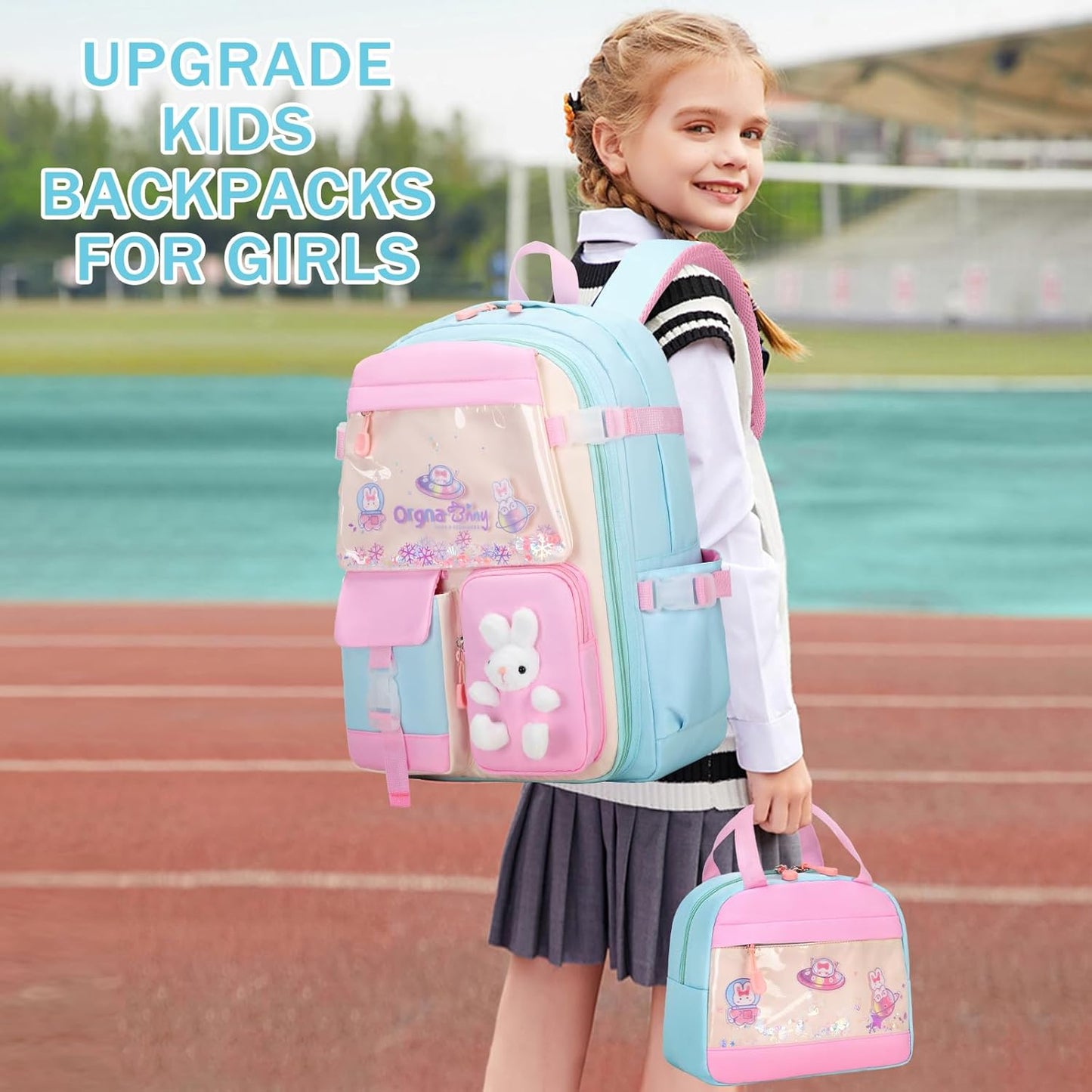 FIXITOK Girls Backpack Set, 3PCS Kids Backpack for Girls, Kawaii Bunny School Backpacks for Girl Kindergarten Elementary Preschool Middle School Bags with Lunch Box Pencil Case Aquamarine