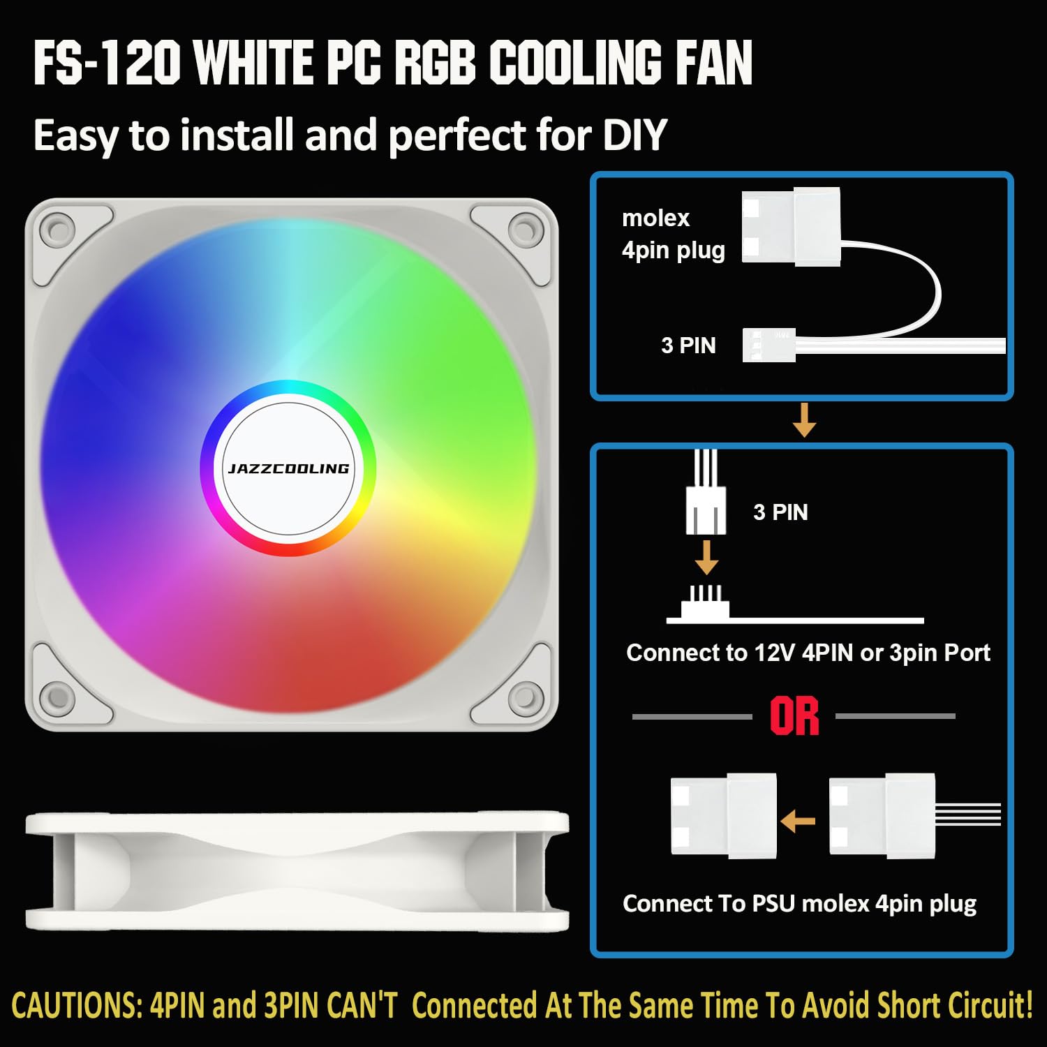 120mm White RGB PC Case Fan 3 Pack High Performance Cooling Fans Low Noise Hydraulic Bearing 12V 3-Pin and 4-Pin Power Connection - PuriLite