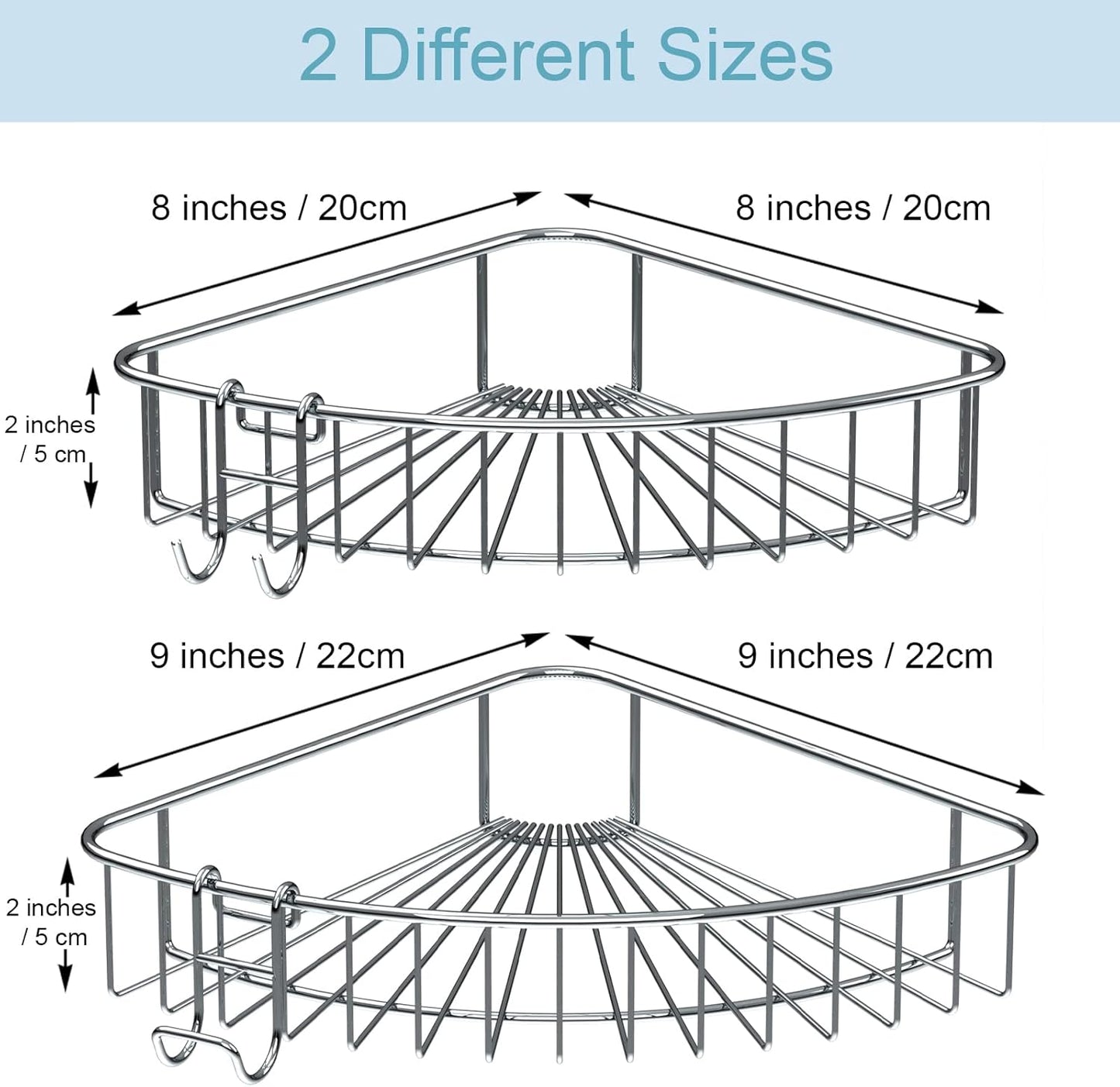 Jovware Corner Shower Caddy Shelf - Rust Proof Shelves with Bearing 30 lbs 8 Adhesive Suction Strip No Drilling 2 Hook - Large Sturdy Rack 2 Pack SUS304 Stainless Steel for Bathroom Kitchen Toilet