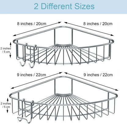 Jovware Corner Shower Caddy Shelf - Rust Proof Shelves with Bearing 30 lbs 8 Adhesive Suction Strip No Drilling 2 Hook - Large Sturdy Rack 2 Pack SUS304 Stainless Steel for Bathroom Kitchen Toilet