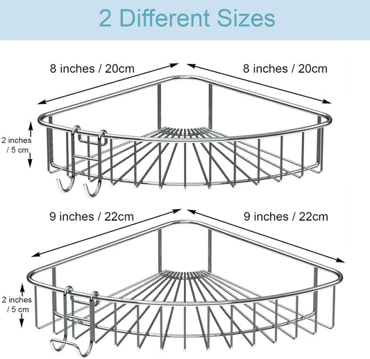 Jovware Corner Shower Caddy Shelf - Rust Proof Shelves with Bearing 30 lbs 8 Adhesive Suction Strip No Drilling 2 Hook - Large Sturdy Rack 2 Pack SUS304 Stainless Steel for Bathroom Kitchen Toilet - PuriLite