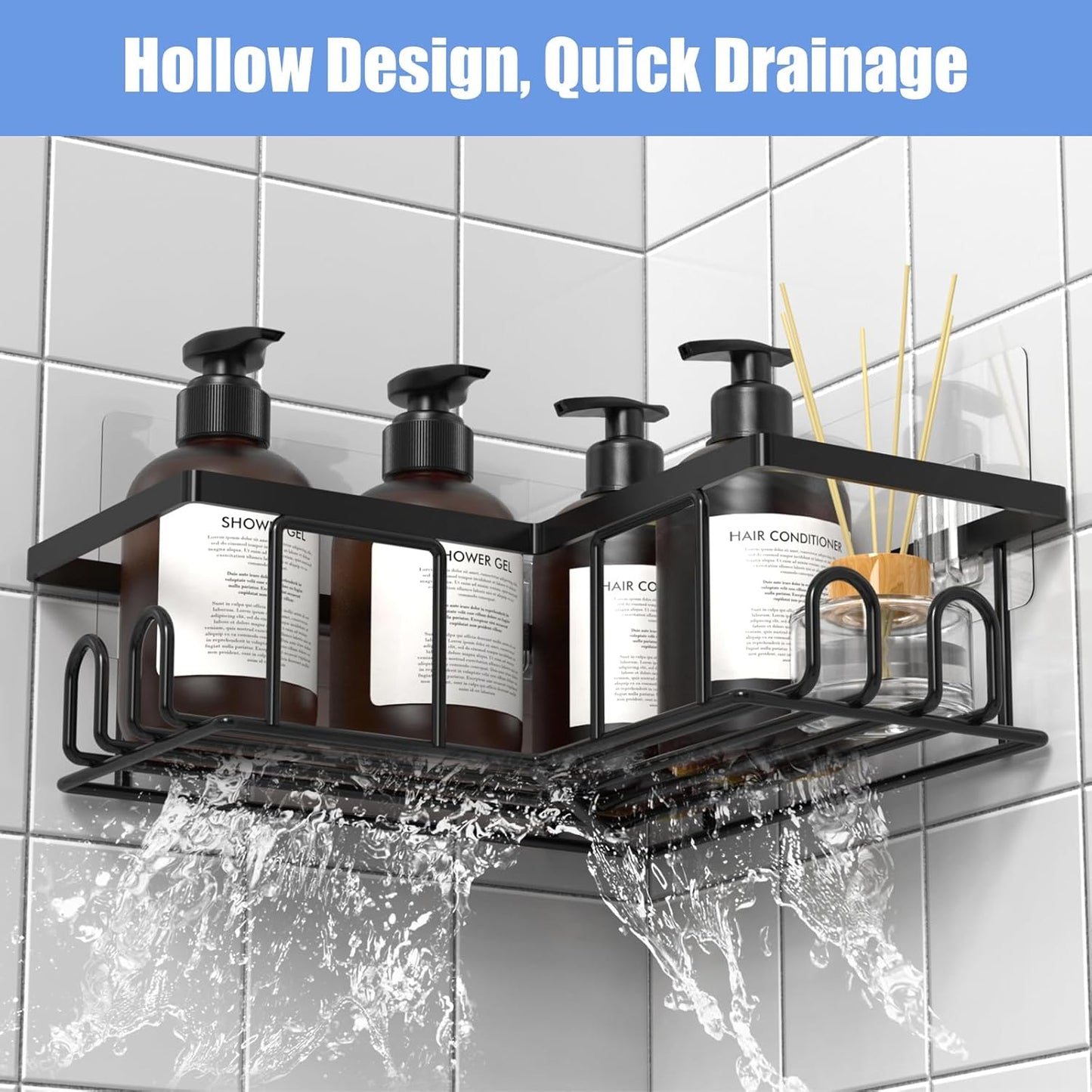 LOOBOV Shower Caddy Corner, Rustproof Shower Shelves, Bathroom Caddy No Drilling, Bathroom Organizers/Storage with Hooks (2 Pack- Black)