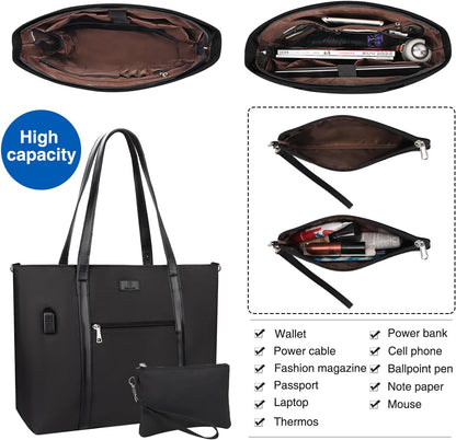 Laptop Bag for Women 17.3 Inch Laptop Tote Bag Large Work Tote Bag Waterproof Work Bag Teacher Bag with USB Charging Port Computer Tote Bag Nylon Handbag Satchel Shoulder Bag(17.3 inch, Black) - PuriLite