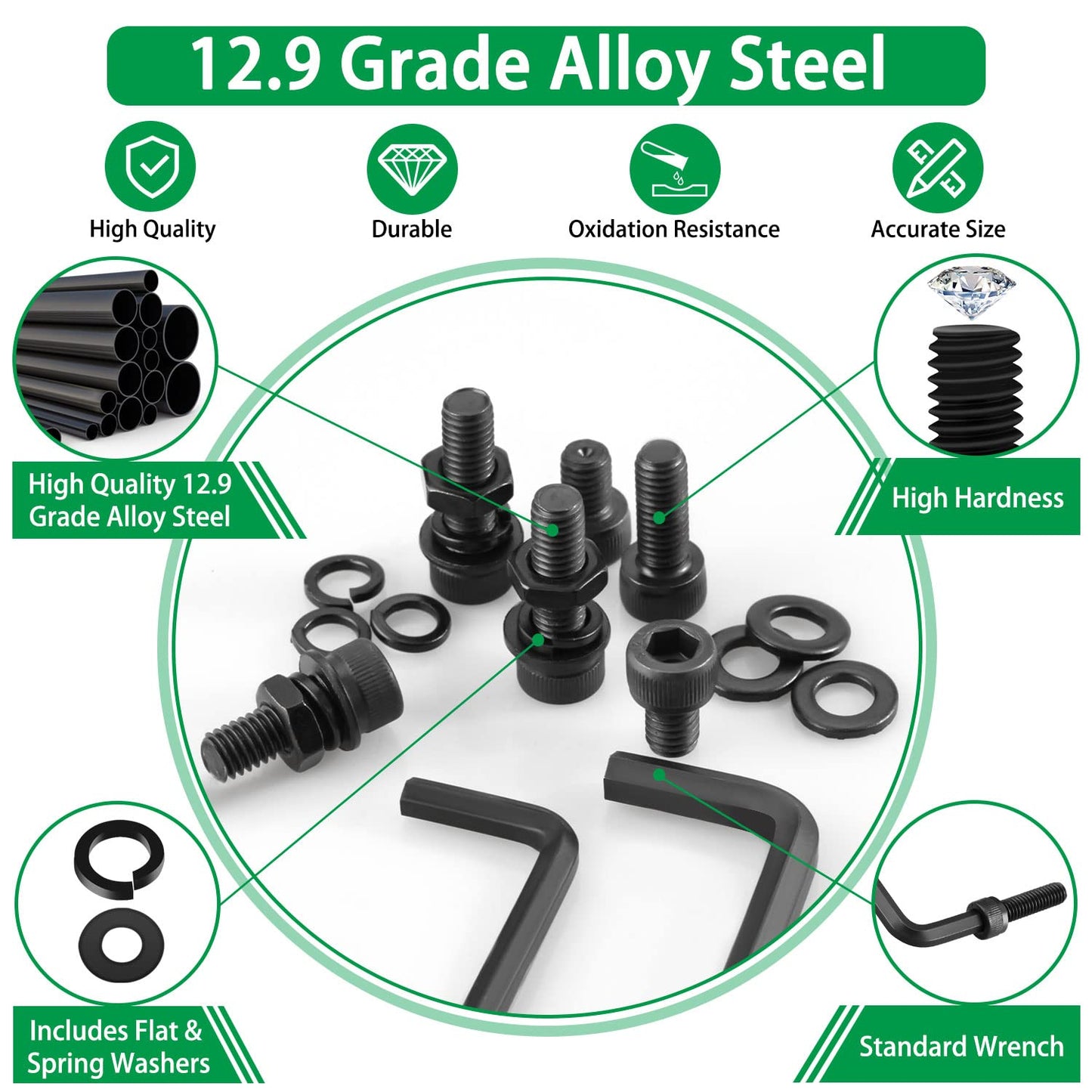 860PCS Metric Screw Assortment Kit, M2 M3 M4 M5 Machine Screws with Lock & Flat Washers, 10.9 Grade Alloy Steel, Metric Hex Button Head Cap Nuts and Bolts Assortment Kit with 4 Wrenches