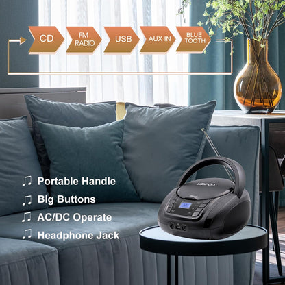 LONPOO Portable CD Player | Stereo Bluetooth Boombox | FM Radio Turn Knob | Auto Lid Open Button | Big LCD Display | Concealed Ports of USB/AUX/Earphone | Rear Power Protection Button (LP-D12)