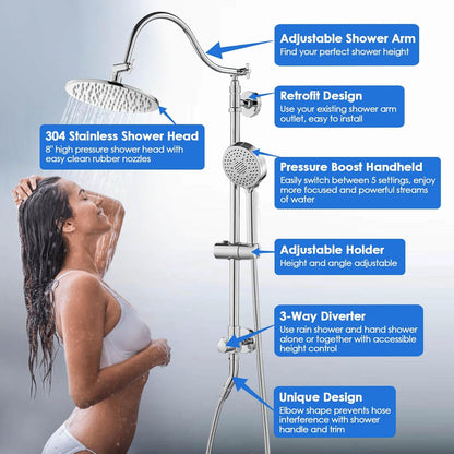 ROVOGO Retrofit Shower System with 7" RainShower, 5-Setting Handheld, 22" Slide Bar with 3-Way Rotary Diverter, Exposed Pipe Shower Column Kit 304 Stainless Steel, Chrome (NOT Include Mixer Valve)