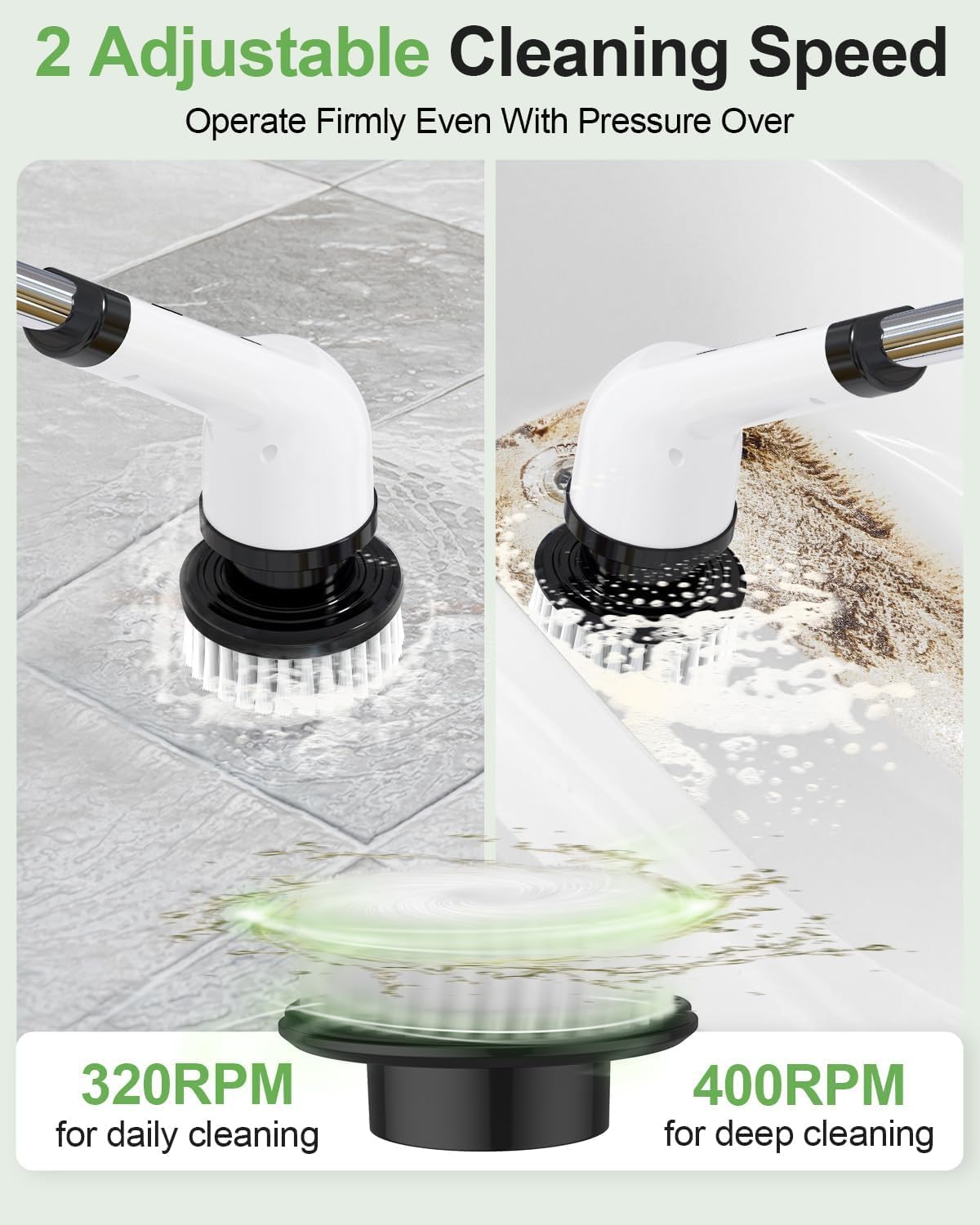 Electric Spin Scrubber, Cordless Kitchen Brushes, Bathroom Shower Cleaner with 9 Brush Heads, 2H Power Dual Speed, Adjustable Extension Handle, IPX7 Waterproof for Cleaning Brush