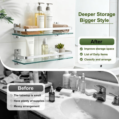 Bathroom Glass Shelf 15.7" Silver Wall-Mounted, Floating Metal Storage Rack | 3 Pack Aluminum Tempered Glass 0.3in Extra Thick Rectangular，Space-Saving Design