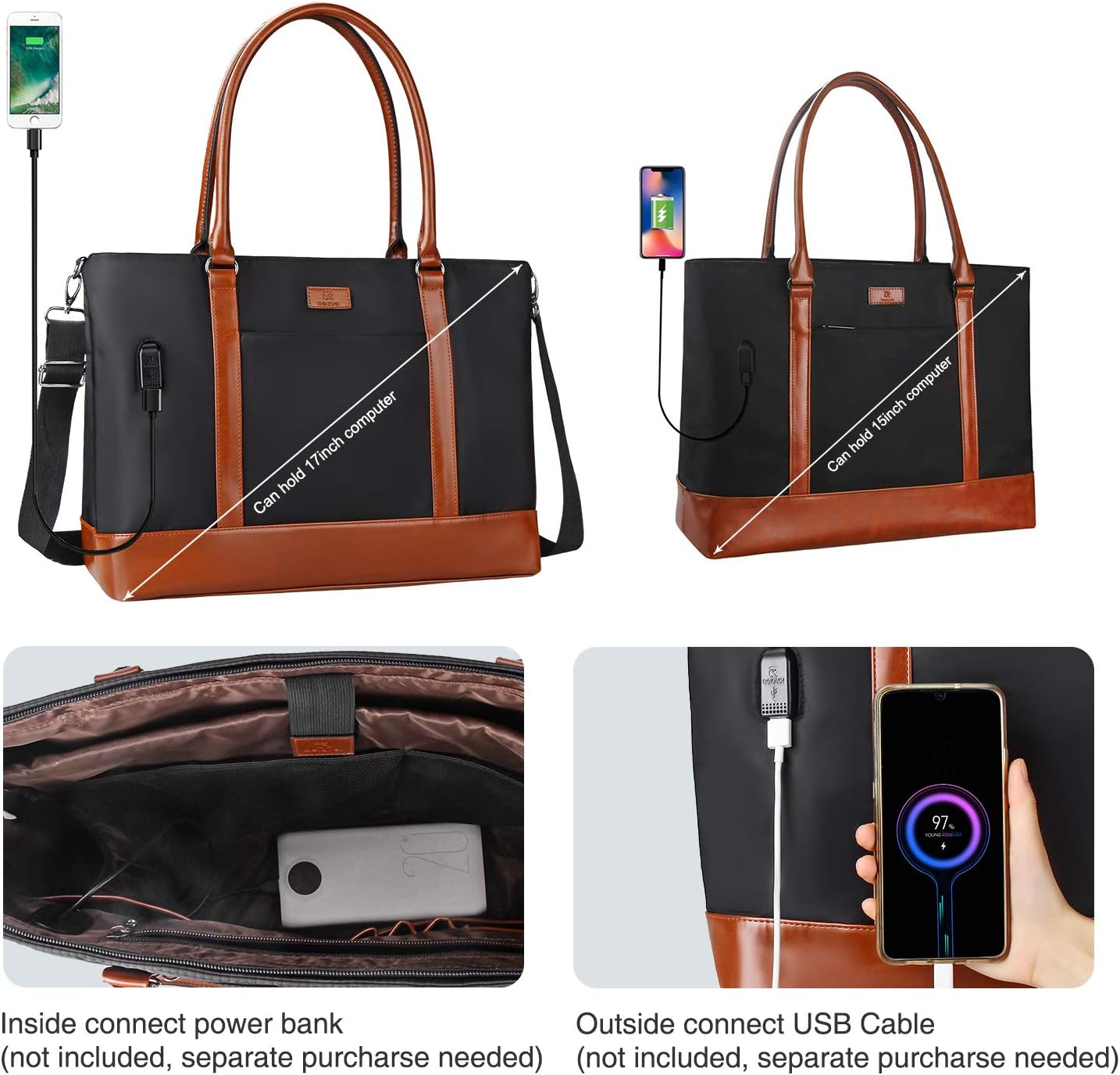 Laptop Bag for Women 17.3 Inch Laptop Tote Bag Large Work Tote Bag Waterproof Work Bag Teacher Bag with USB Charging Port Computer Tote Bag Nylon Handbag Satchel Shoulder Bag(17.3 inch, Black) - PuriLite