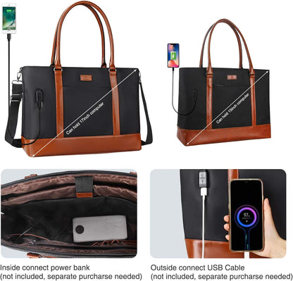 Laptop Bag for Women 17.3 Inch Laptop Tote Bag Large Work Tote Bag Waterproof Work Bag Teacher Bag with USB Charging Port Computer Tote Bag Nylon Handbag Satchel Shoulder Bag(17.3 inch, Black) - PuriLite