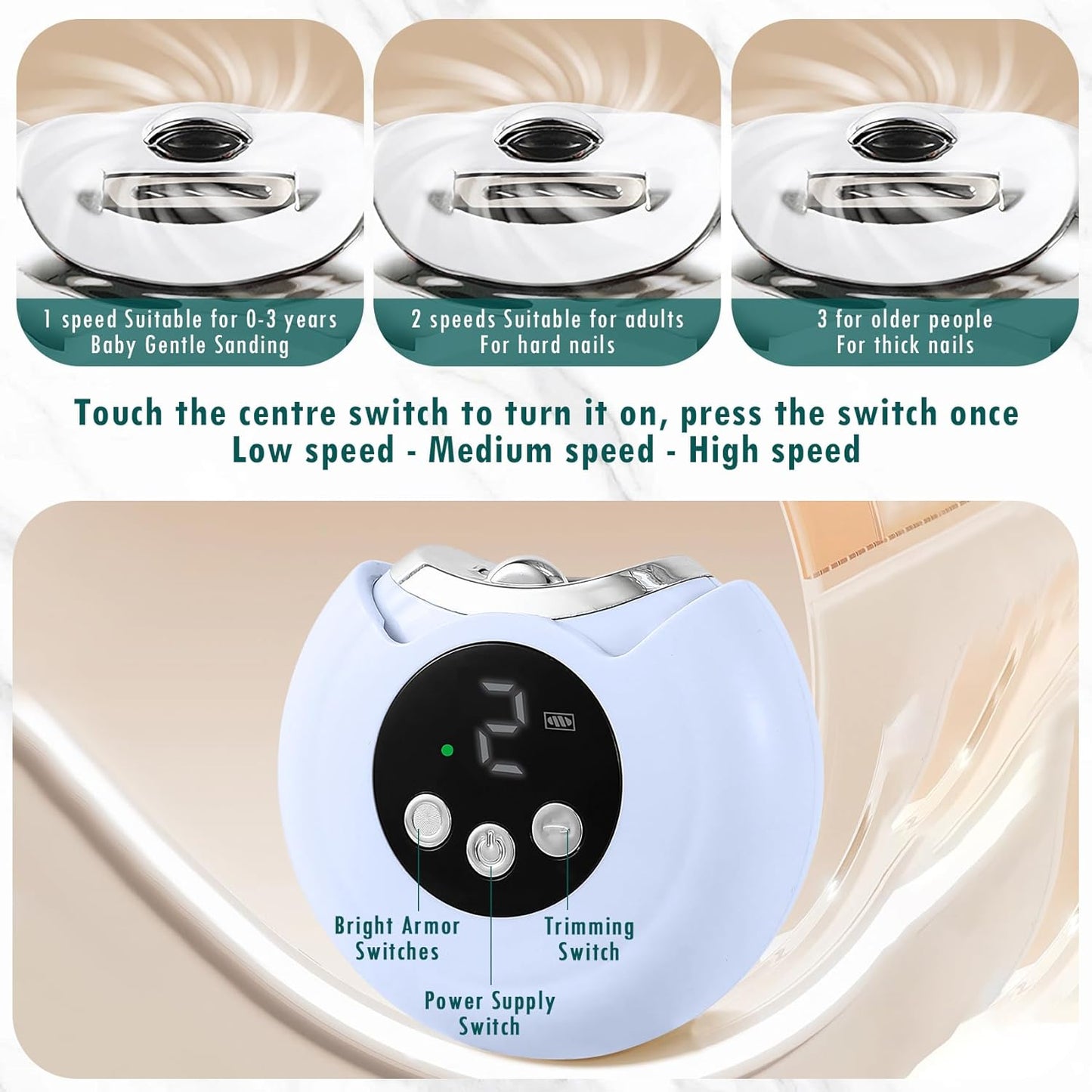 OneNine Electric Nail Clipper, Automatic Nail Trimmer with LED Light & 3 Speeds with Nail Scraps Storage, USB Rechargeable Safety Fingernail Trimmer for Baby, Children, Kids, Adult, Seniors (Champagne)