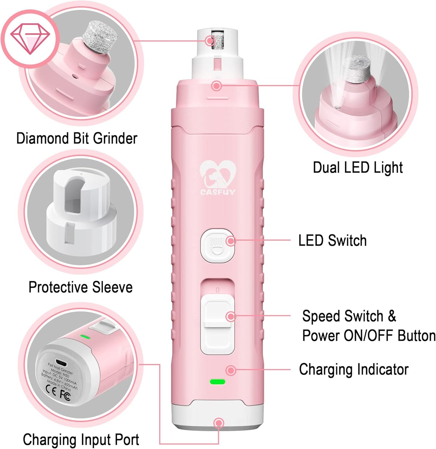 Casfuy Dog Nail Grinder with 2 LED Light for Large Medium Dogs - 3X More Powerful 2-Speed Electric Pet Nail Trimmer Rechargeable Quiet Painless Paws Grooming & Smoothing Tool