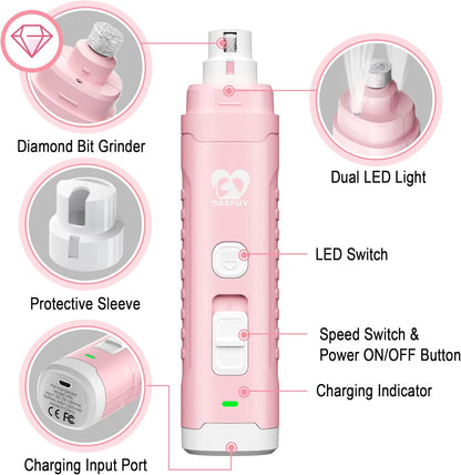 Casfuy Dog Nail Grinder with 2 LED Light for Large Medium Dogs - 3X More Powerful 2-Speed Electric Pet Nail Trimmer Rechargeable Quiet Painless Paws Grooming & Smoothing Tool