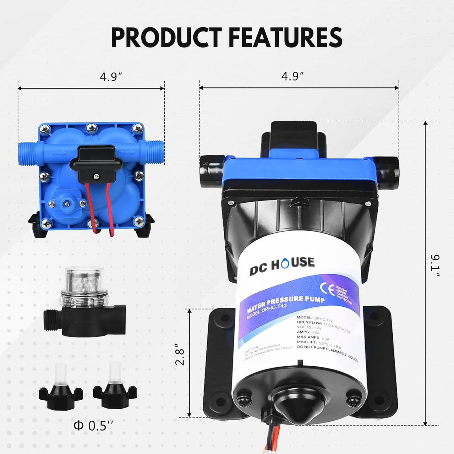 DC HOUSE 12V RV Fresh Water Pump 3.0GPM 45 PSI 12Volt DC Water Pressure Diaphragm Pump On Demand for Camper Trailer Off-Grid Cottage Yacht House