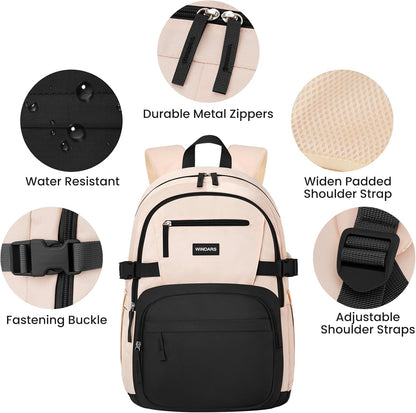 WINDARS Backpack for School Girls, Cute High School Backpacks for Teens Women Student Large Bookbag 15.6 Inch Laptop Bag with USB Charger Port for College Work Travel Trip (Beige Khaki)