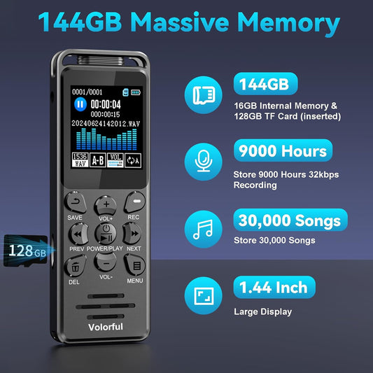 144GB Digital Voice Recorder 70H 1,44" Audio Tape Recorder Dictaphone, Volorful Voice Activated Recorder with Playback, USB-C Handheld Portable Sound Recorder for Class Lecture Meeting Students - PuriLite