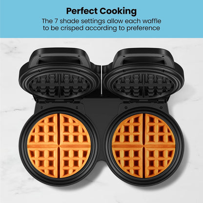 Chefman Anti-Overflow Belgian Waffle Maker w/ Shade Selector, Temperature Control, Mess Free Moat, Round Iron w/ Nonstick Plates & Cool Touch Handle, Measuring Cup Included, Red